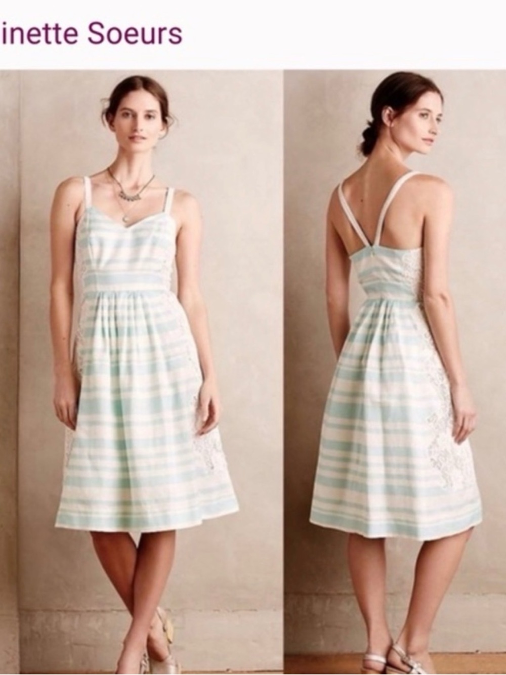 Moulinette Soeurs Mint and Cream Lace-Trim Striped Dress